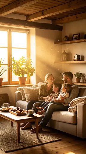 Happy family relaxing in a cozy countryside living room, warm golden light through windows, rustic wooden beams, authentic and intimate atmosphere, travel and hospitality theme, natural candid moment
