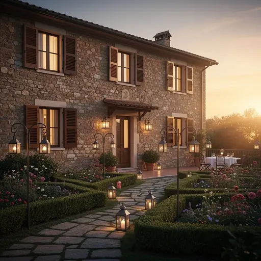 Charming countryside guesthouse at sunset, stone facade with wooden shutters, soft warm lights, elegant garden with lanterns, refined and welcoming atmosphere, boutique travel and gastronomy theme, cinematic light
