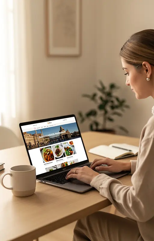 Woman planning a culinary trip on a laptop at a minimalist wooden table, soft natural light, neutral tones, cozy interior, travel and food blog concept, calm and refined atmosphere, shallow depth of field
