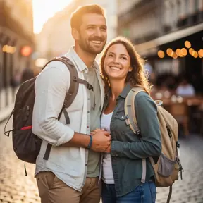 Authentic portrait of a traveling couple in their 30s, relaxed and smiling, warm tones, shallow depth of field, travel lifestyle photography
