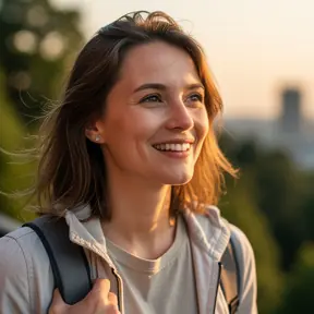 Natural portrait of a smiling female traveler in her 30s, soft natural light, outdoor background slightly blurred, authentic lifestyle photography
