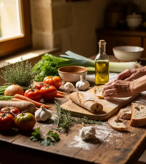 Close-up of hands preparing a traditional rustic recipe on a wooden kitchen table, fresh seasonal vegetables, herbs, olive oil and bread, natural daylight, authentic French countryside cooking atmosphere, warm tones, shallow depth of field, editorial food photography
