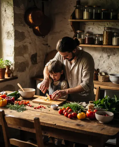 Parent teaching a child to cook in a warm rustic kitchen, wooden table with fresh vegetables and herbs, natural daylight, authentic family cooking moment, cozy countryside atmosphere, editorial food photography style
