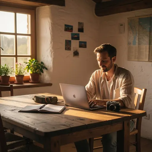 Man working on a laptop in a charming rural house interior, warm sunlight, wooden table, travel notebook and camera nearby, modern slow travel lifestyle, refined and authentic mood, cinematic depth of field
