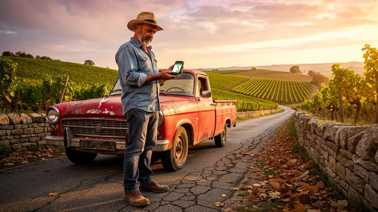 Vigneron de Fuissé frustré avec GPS trompeur lors d'une tournée, paysage viticole en arrière-plan