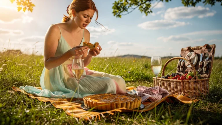 Pique-nique gourmand en juillet avec quiche humide gâchée par la condensation, ambiance estivale réaliste