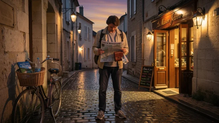 Photo réaliste d’un voyageur regrettant ses 300 € dépensés en visitant Cluny et Mâcon en une journée