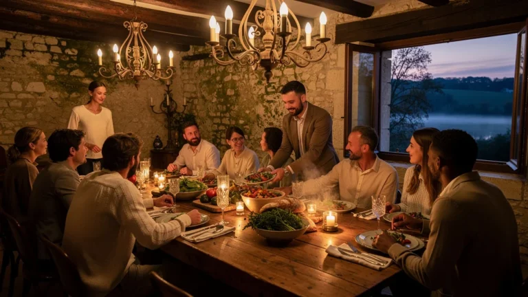 Dîner convivial à La Maison du Vieux Pont Saumur, table d'hôtes retrouvée lors d'un week-end à Cluny