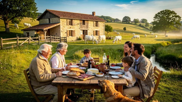 Famille heureuse en ferme-auberge du Brionnais pour un dimanche en famille convivial et gastronomique