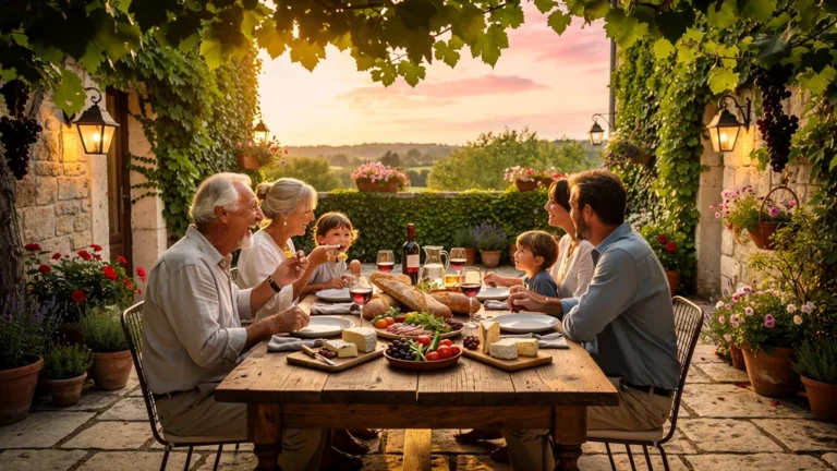 Famille réunie autour d'un repas gastronomique à Maison Sèvre et Vigne, week-end bourguignon en famille