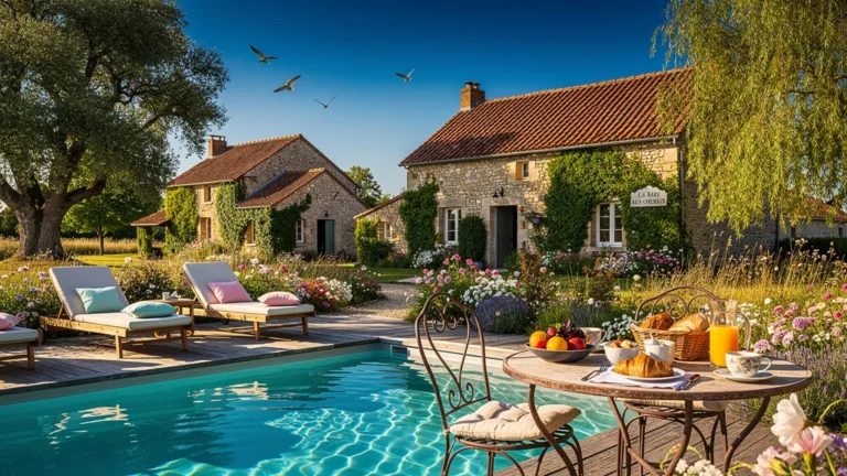 Piscine et chambre d'hôtes La Mare aux Oiseaux à Charolles en juillet, séjour gourmand en Brière