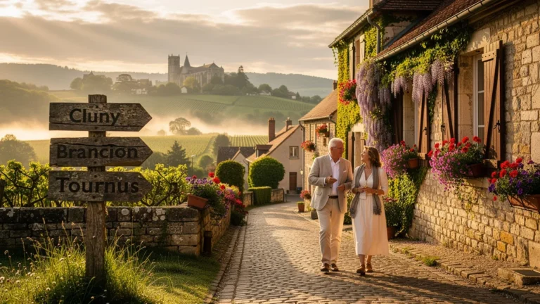 Vue hyper-réaliste du circuit hébergements de charme Cluny-Brancion-Tournus au petit matin