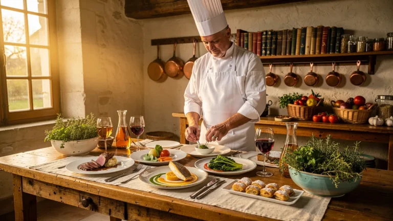Table rustique avec dégustation cuisinée du Tournugeois dans une cuisine campagnarde lumineuse