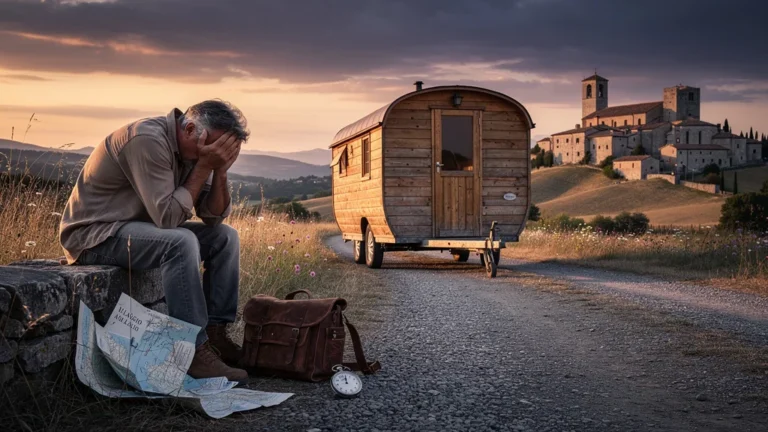 Homme déçu près d'une roulotte isolée loin des villages romans au coucher du soleil