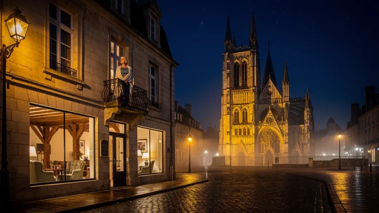 Nuit à Autun face à la cathédrale depuis un hôtel de charme, ambiance chaleureuse et historique