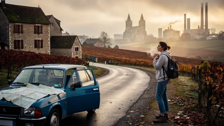 Voyage entre Autun et Le Creusot en une journée, route rurale au lever du soleil, ambiance réaliste et aventure