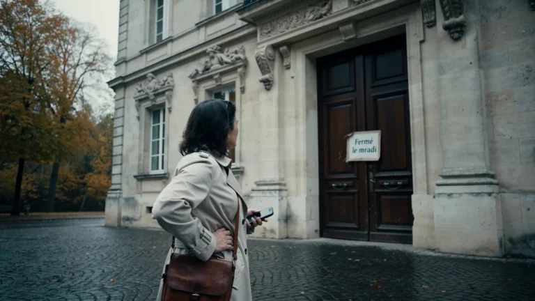 Visiteur déçu devant le musée Rolin d'Autun fermé le mardi, ambiance automnale et lumière douce