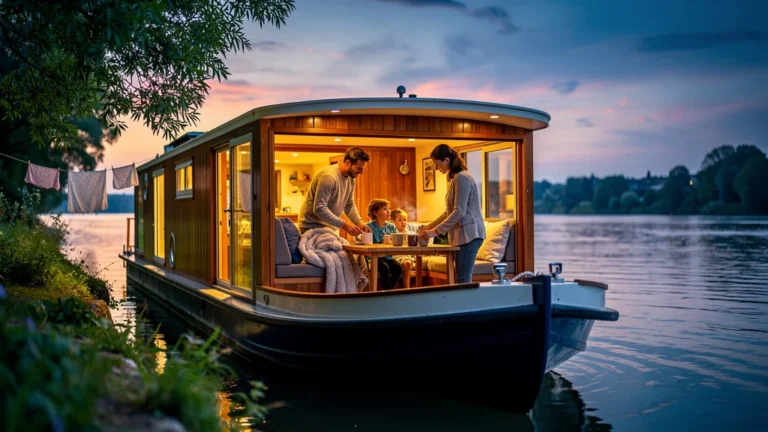 Famille dormant en péniche sur la Saône, ambiance chaleureuse et nature paisible au crépuscule
