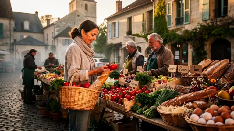 Marché de Tournus au matin avec étals colorés et client choisissant légumes pour panier frais