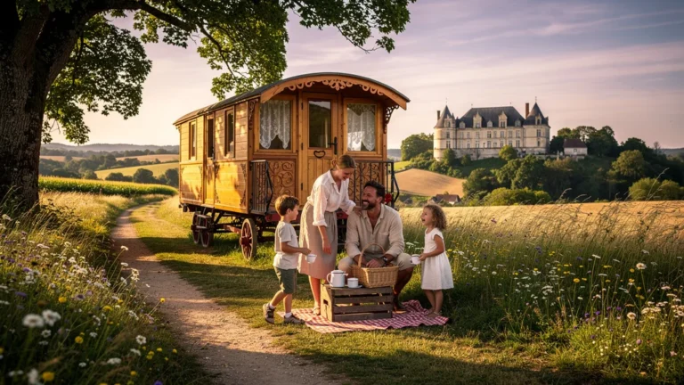 Roulotte familiale près de Matour avec enfants, ambiance champêtre et lumière dorée en fin d’après-midi