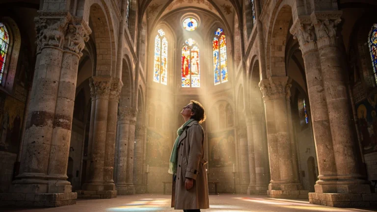 Intérieur de l’abbatiale de Tournus baigné de lumière dorée révélant l’art roman bourguignon