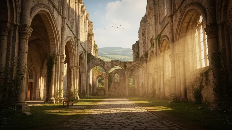 Vue hyper-réaliste de l’abbaye de Cluny en ruines sous un éclairage doré printanier