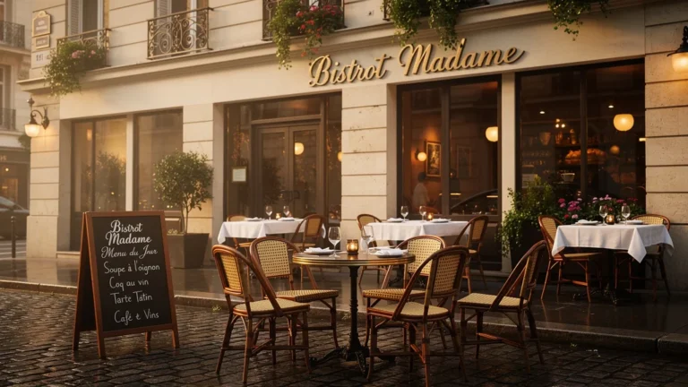 Façade et terrasse élégante du bistrot madame parisien sous lumière douce d’après-midi