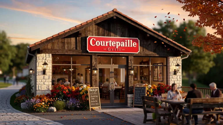 Façade chaleureuse et rustique du restaurant Courtepaille au coucher du soleil, ambiance conviviale et authentique