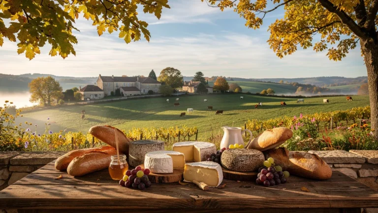 Paysage rural autour de Cluny avec table en bois et fromages fermières artisanaux au petit-déjeuner