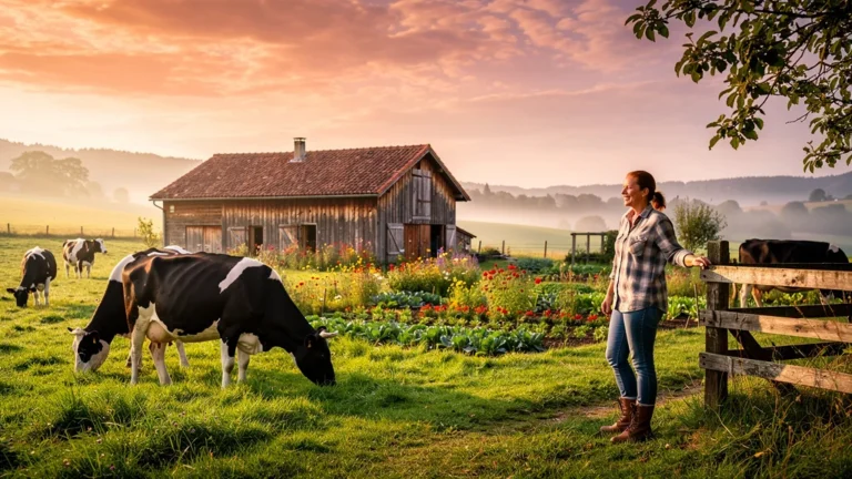 Paysage rural du Gaec de l'Oiseau avec ferme, vaches et femme observant la nature en fin d'après-midi