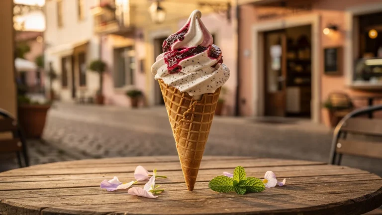 Photo ultra-réaliste d’une glace Vandecasteele crémeuse en cornet sur une table en bois, lumière naturelle