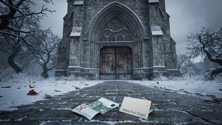 Abbaye médiévale fermée un lundi d'hiver avec 50 € de billets jetés, ambiance froide et désolée