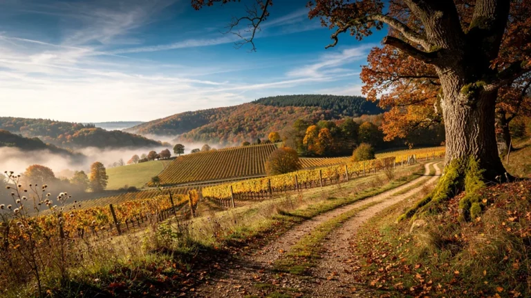 Paysage de randonnée en Saône-et-Loire avec sentier et forêt automnale sous lumière dorée