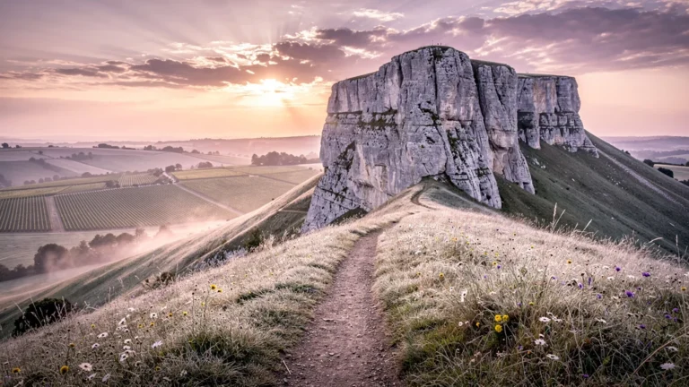 Vue hyper-réaliste de la Roche de Solutré au lever du soleil, sentier de randonnée 10 km en Bourgogne