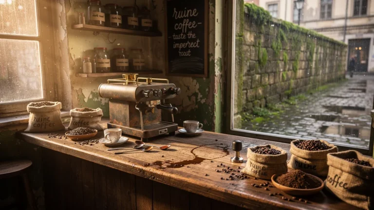 Intérieur de café rustique illustrant le concept de ruine coffee, ambiance chaleureuse et textures détaillées
